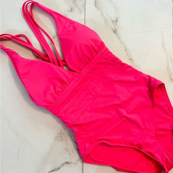 New La Blanca Hot Pink Solid Multistrap Cross Back Maillot One Piece Swimsuit - Picture 3 of 11